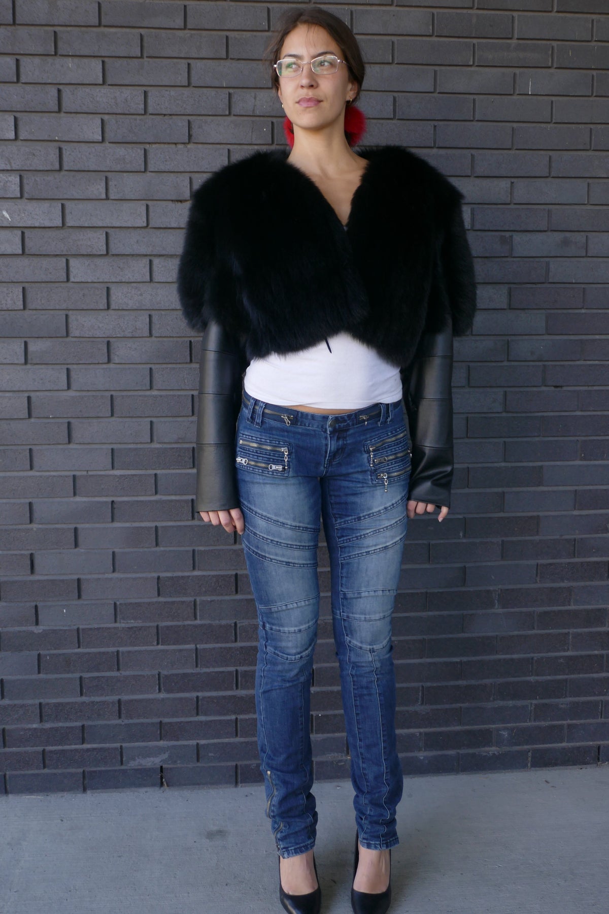 Cropped Fox Jacket With Baby Lamb Leather in Black – Starlight Furs Starlight Furs 
