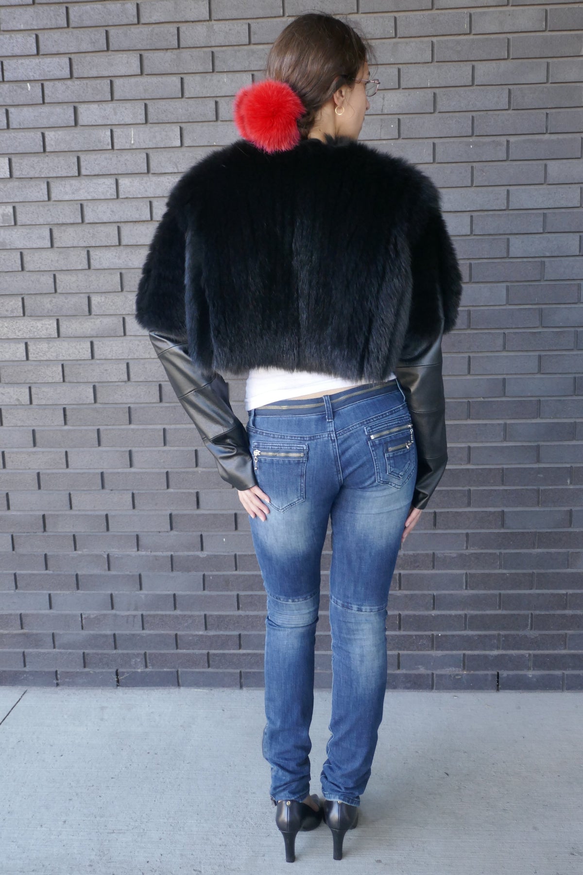 Cropped Fox Jacket With Baby Lamb Leather in Black – Starlight Furs Starlight Furs 