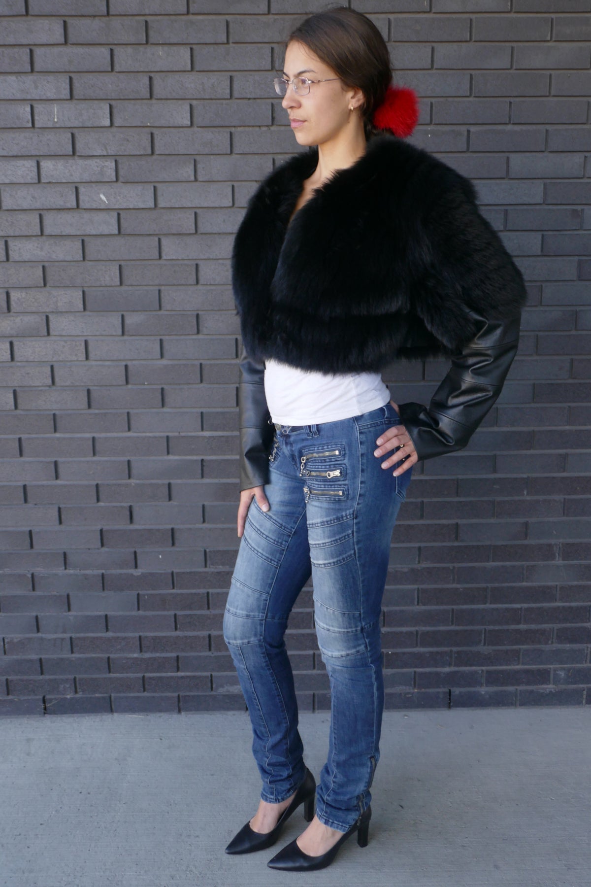 Cropped Fox Jacket With Baby Lamb Leather in Black – Starlight Furs Starlight Furs 