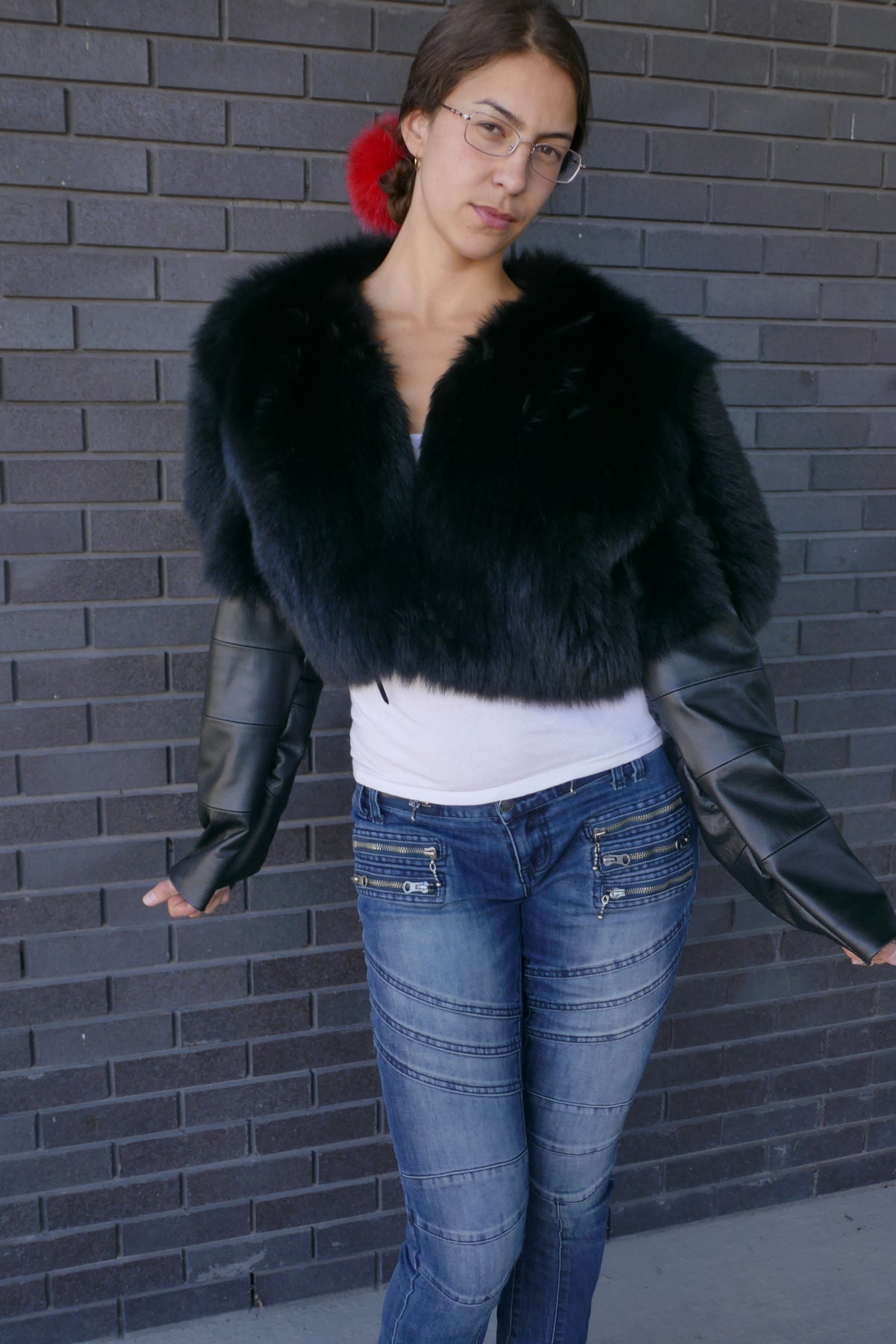 Cropped Fox Jacket With Baby Lamb Leather in Black – Starlight Furs Starlight Furs 