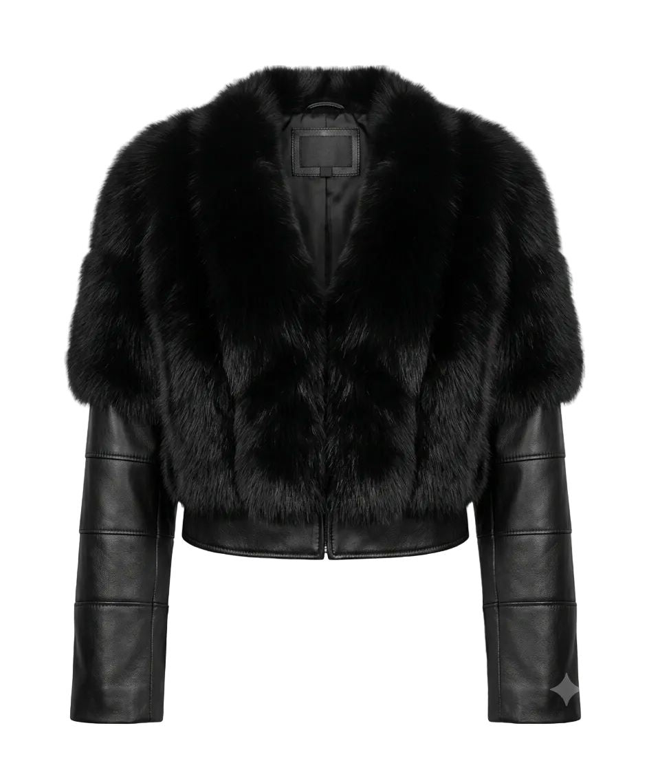 Cropped Fox Jacket With Baby Lamb Leather in Black – Starlight Furs Starlight Furs 