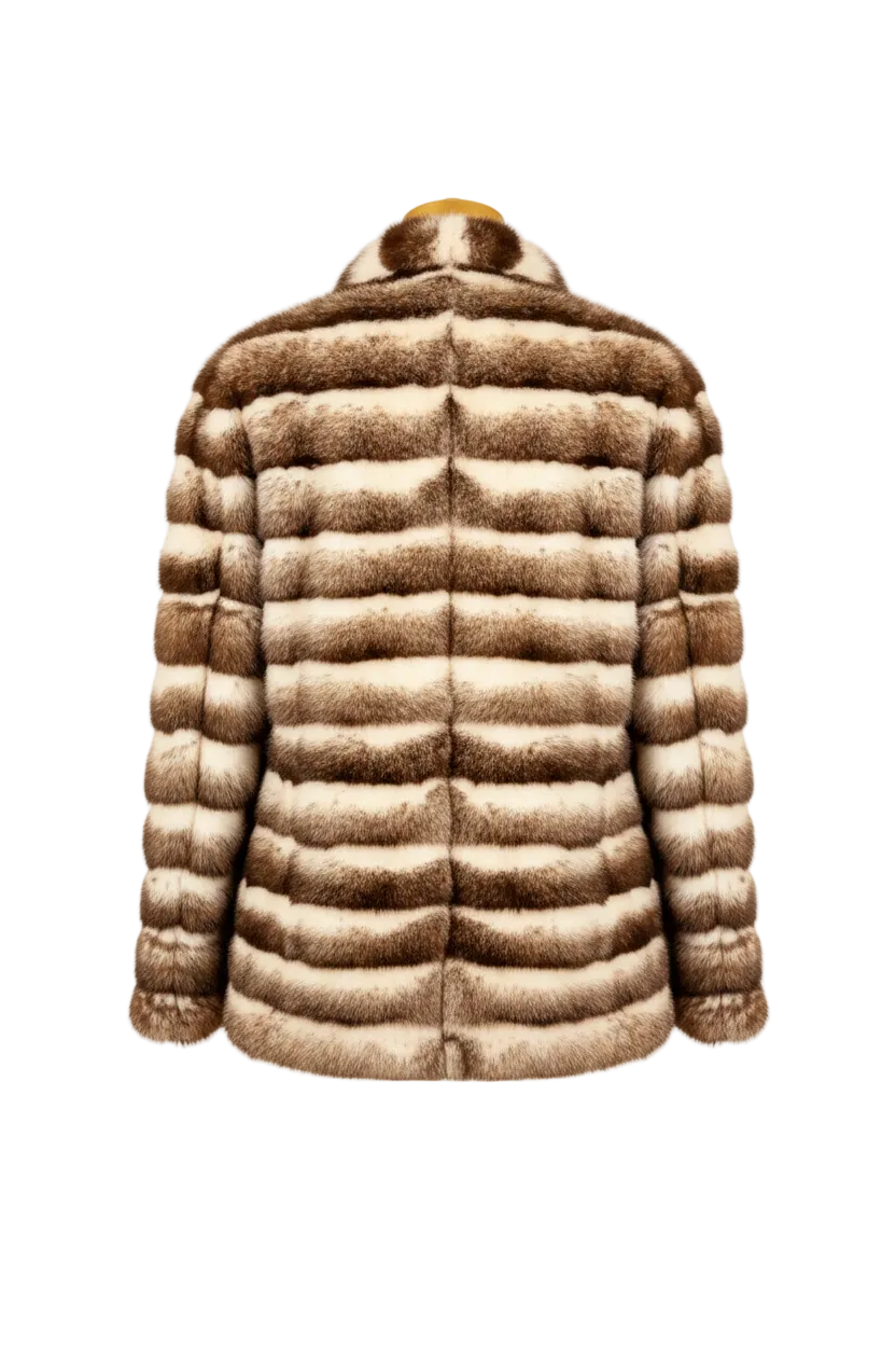 A brown and beige striped fur jacket shown from the back on a mannequin, featuring horizontal rows and a high collar, isolated on a white background.
