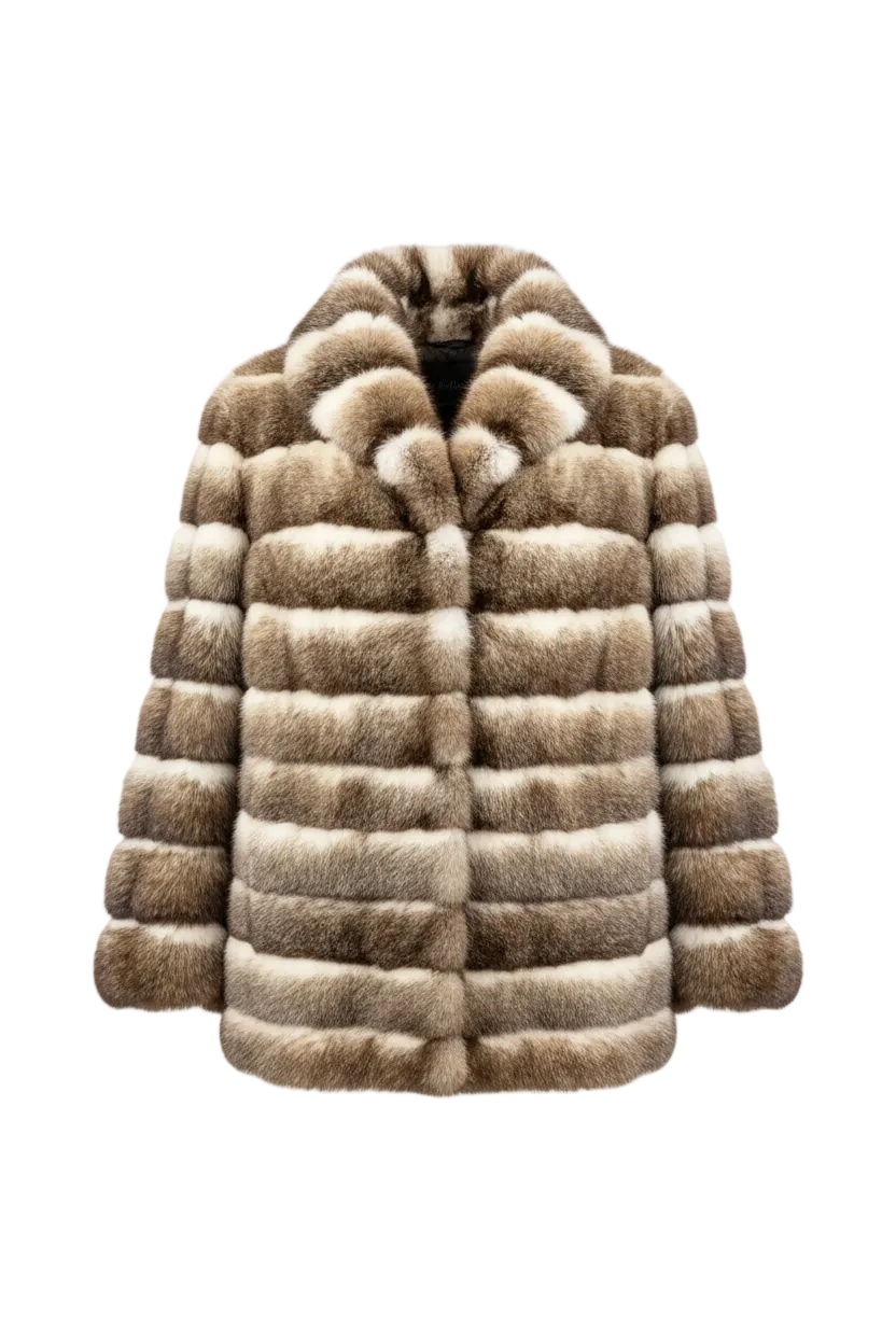 A striped fur jacket with horizontal bands of light beige, medium brown, and cream, featuring a wide collar and long sleeves, shown against a plain white background.
