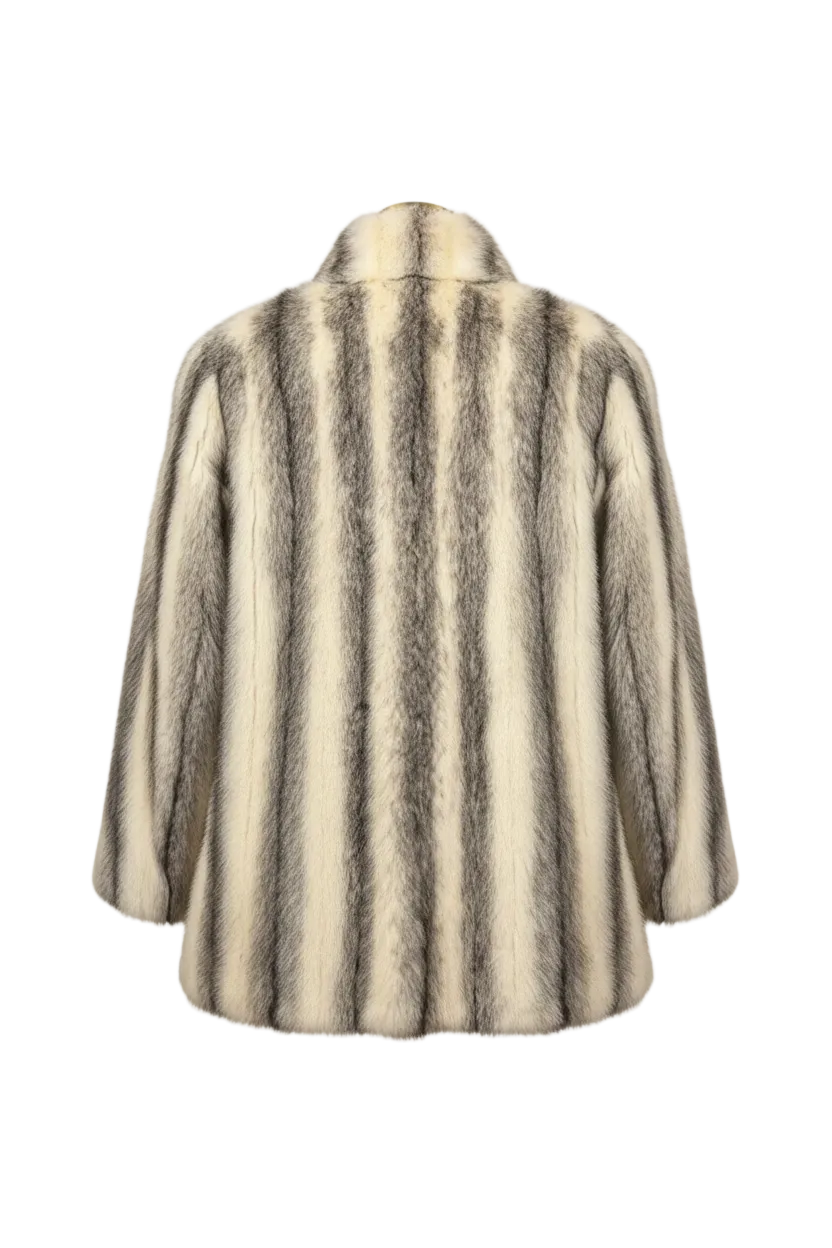 A faux fur jacket with vertical stripes in cream and dark brown, shown from the back on a plain white background.