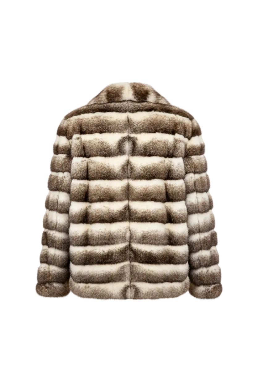 A brown and cream striped fur jacket shown from the back, featuring horizontal puffer-style quilting and a wide collar, set against a plain white background.