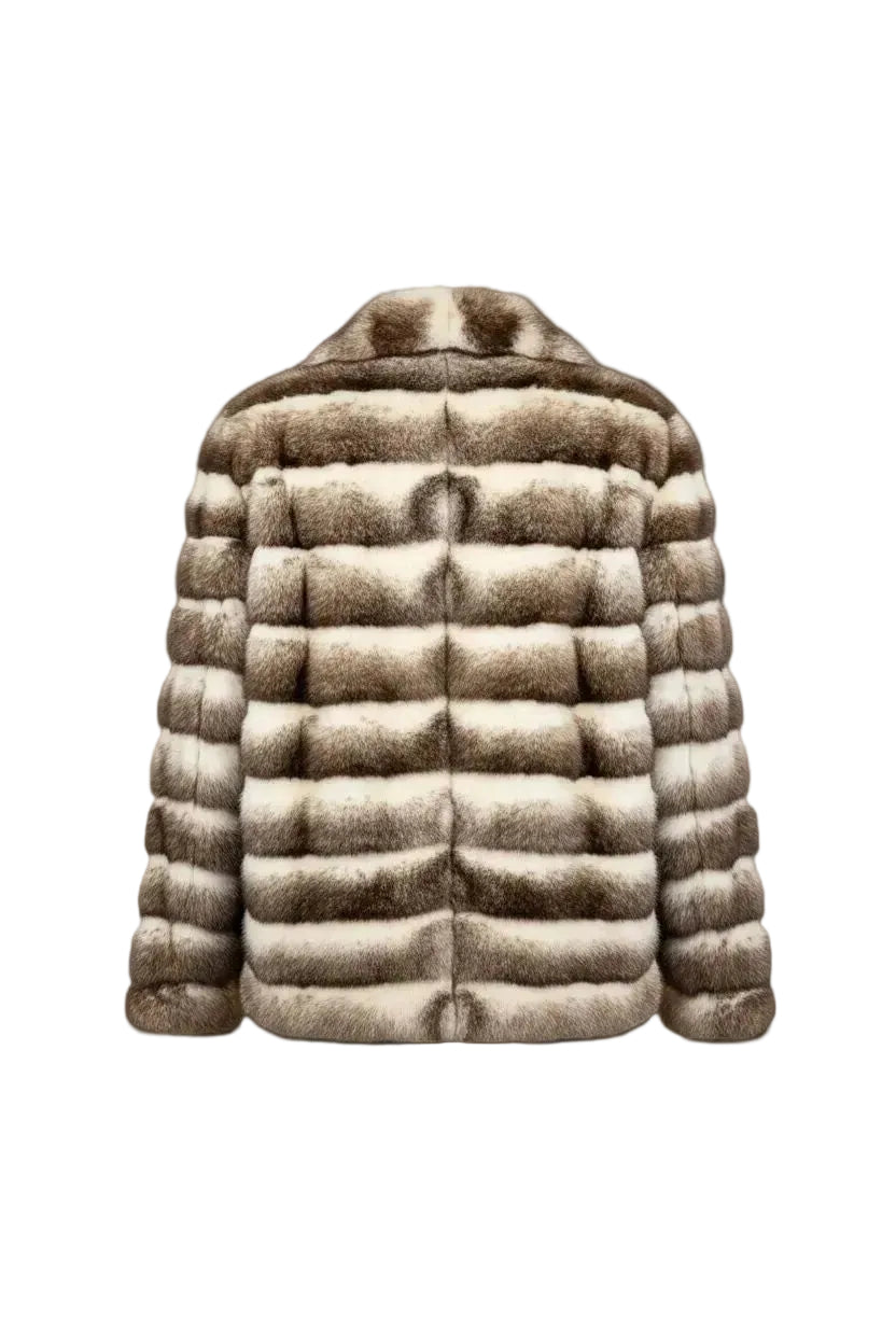Cross Mink Jacket — Brown & Cream Horizontal Stripes Fur Jacket Starlight Furs 