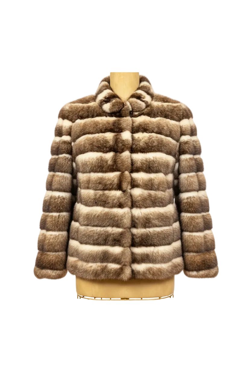 Cross Mink Jacket — Brown & Cream Horizontal Stripes Fur Jacket Starlight Furs 
