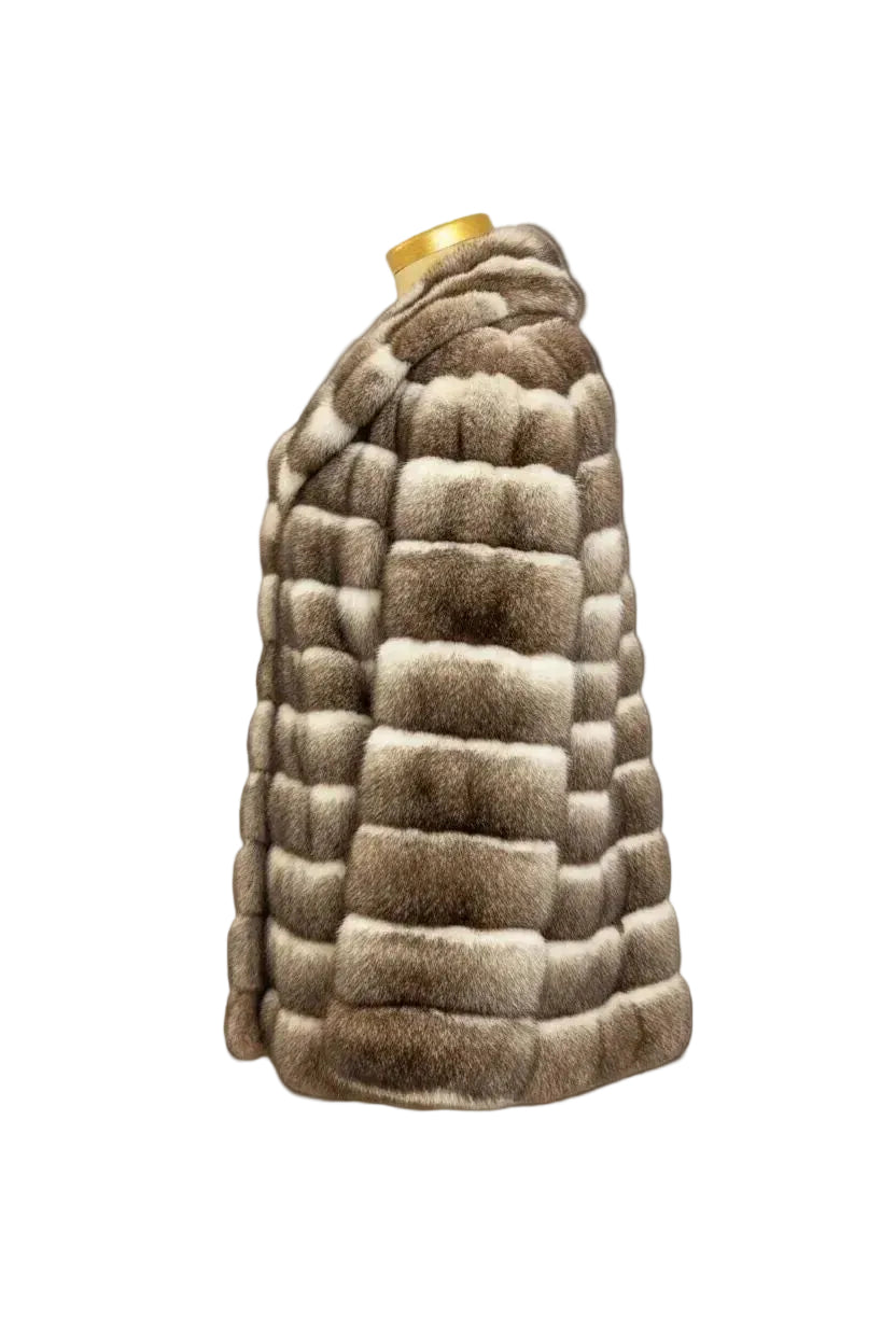 Cross Mink Jacket — Brown & Cream Horizontal Stripes Fur Jacket Starlight Furs 