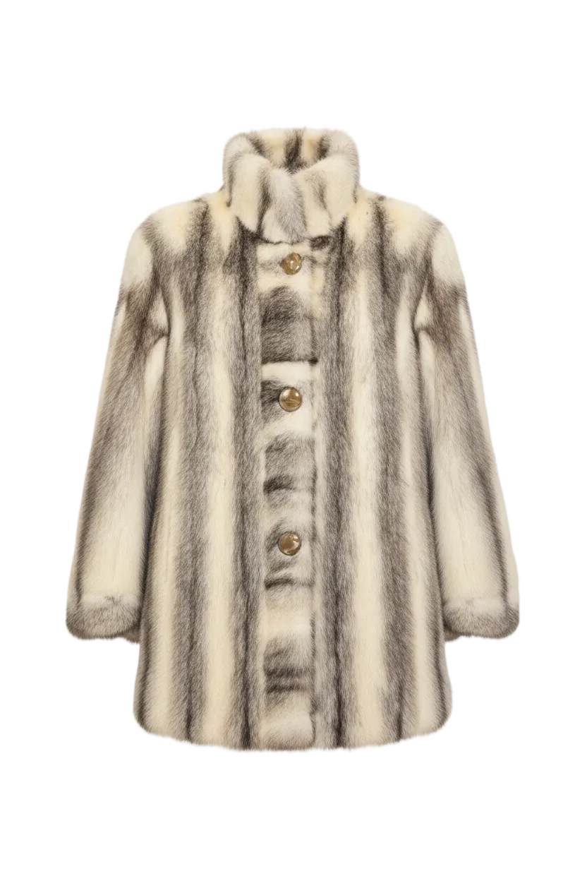 A high-neck faux fur coat with vertical brown and cream stripes, featuring a buttoned front and a plush collar, shown against a plain white background.