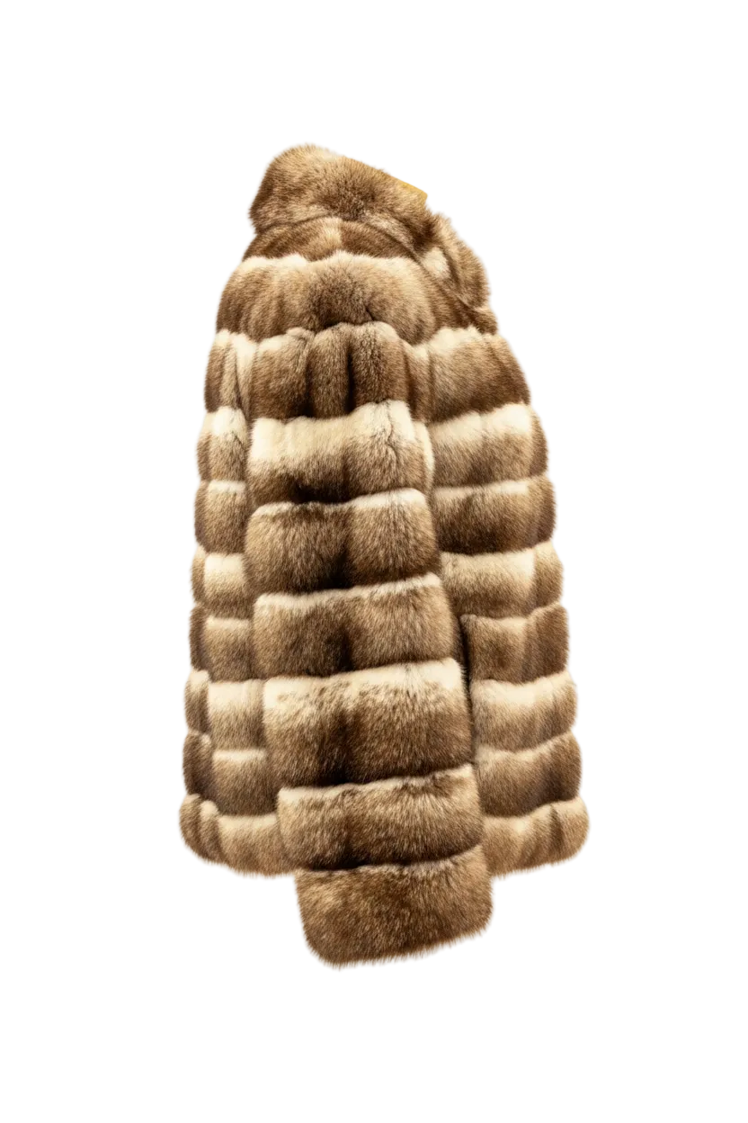A brown and beige striped fur coat shown from the back, featuring horizontal stacked fur panels with alternating light and dark brown tones.