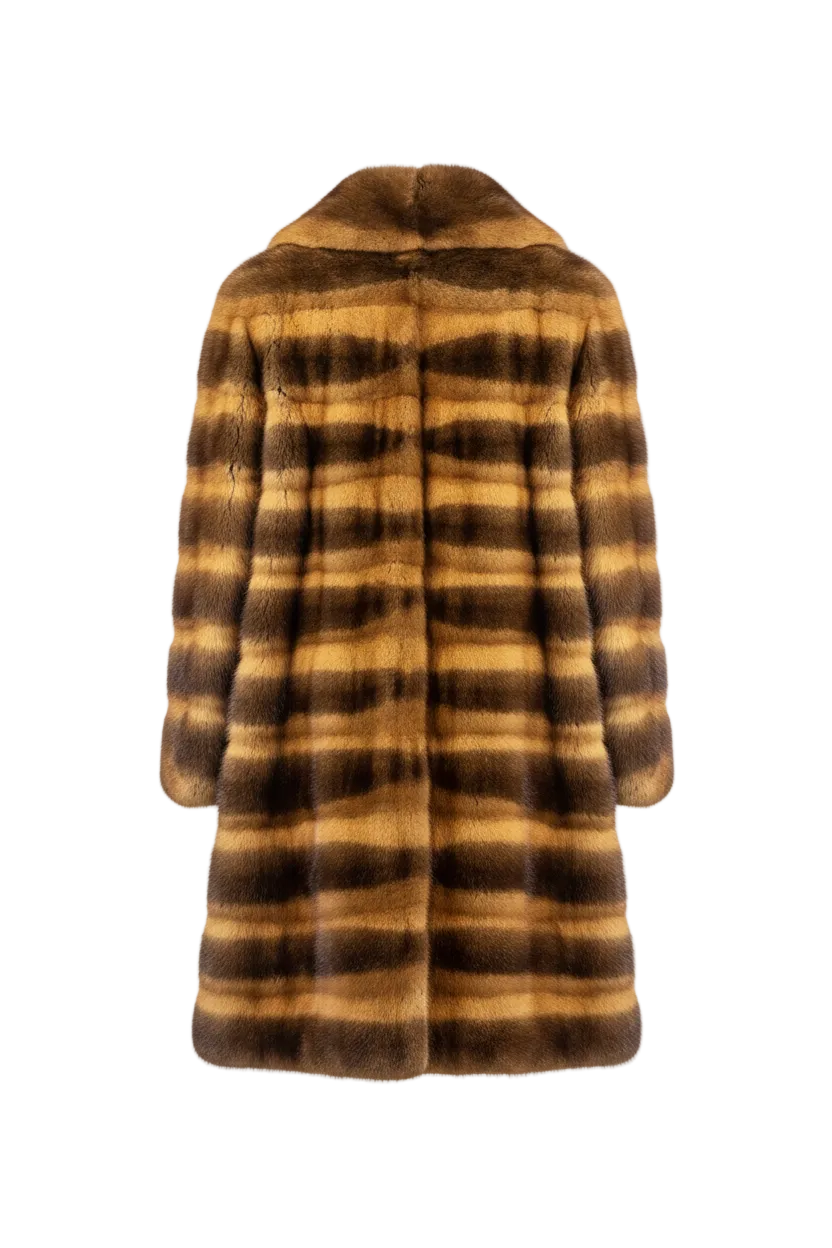 A striped fur coat with alternating horizontal bands of dark brown and warm tan, shown from the back against a plain white background.