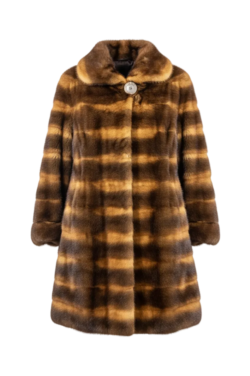 A brown and tan striped faux fur coat with a wide collar and a single decorative button, shown against a plain white background.