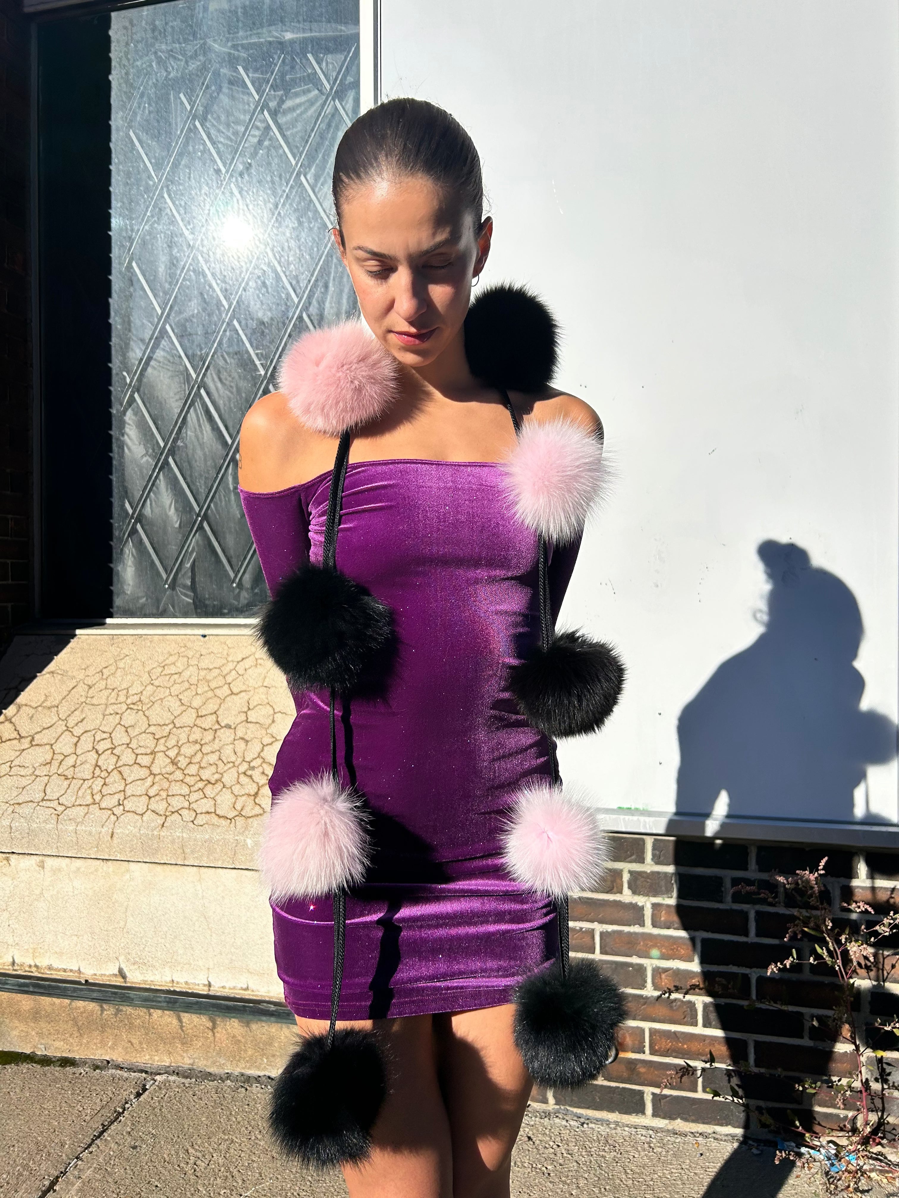 Fox Fur Pompom Scarf (Light Pink / Black) | Starlightfurs Starlight Furs 