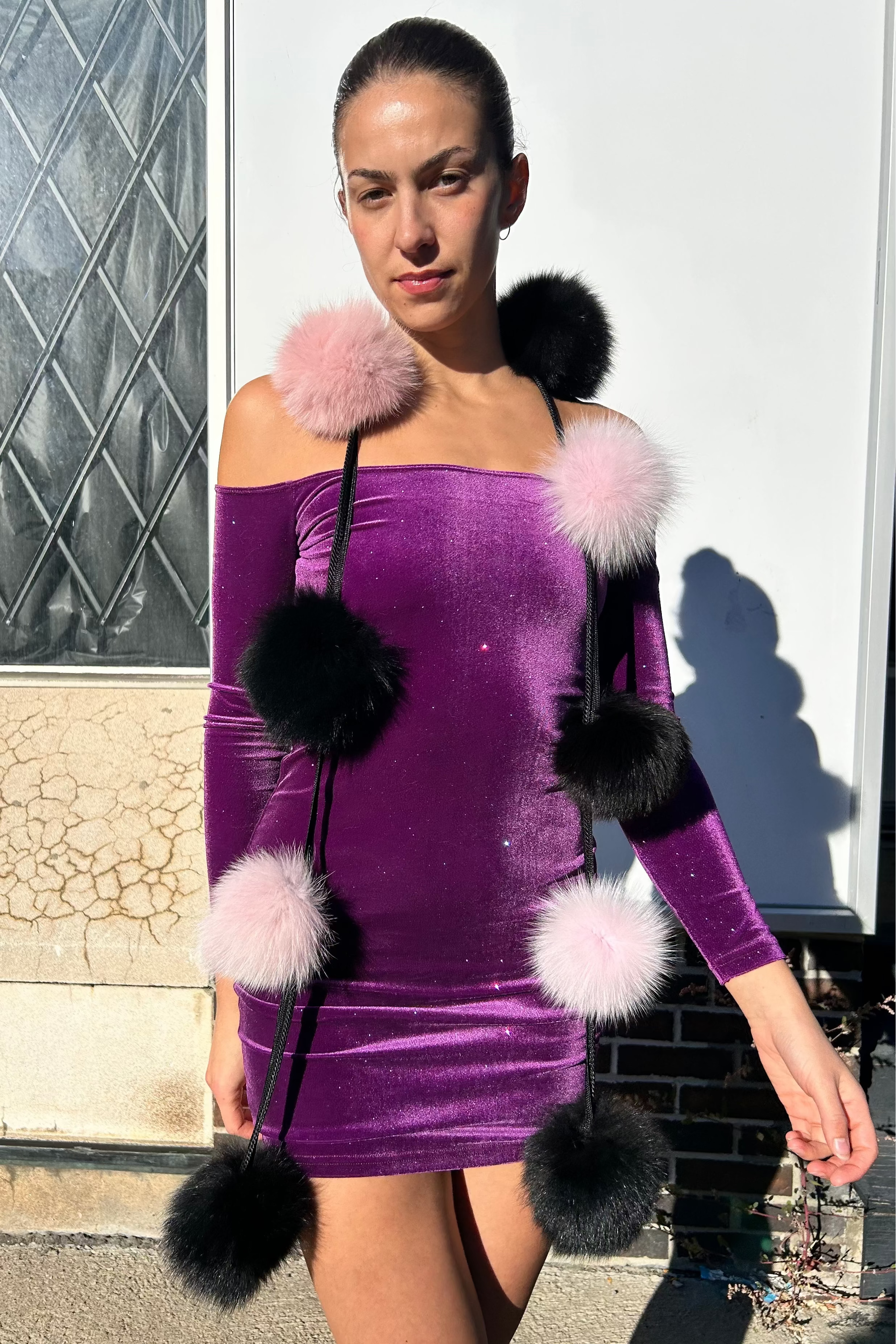 Fox Fur Pompom Scarf (Pink / Black) | Starlightfurs Starlight Furs light pink/black 