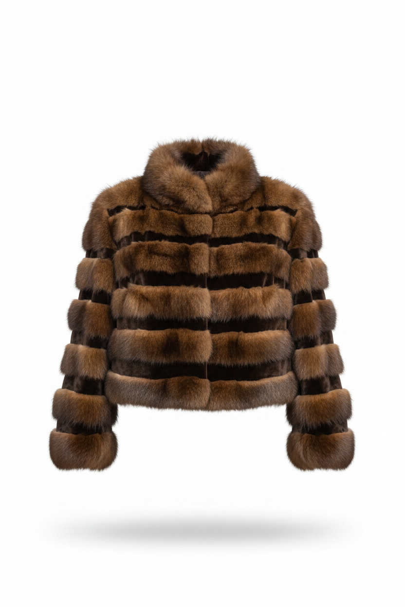 A brown striped fur jacket with a high collar and long sleeves, shown against a plain white background with a soft drop shadow.