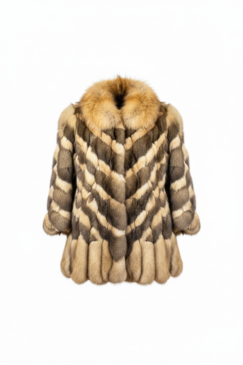 A luxury fur coat with a chevron pattern in shades of brown, beige, and cream, featuring a thick tan fur collar, shown against a plain white background.