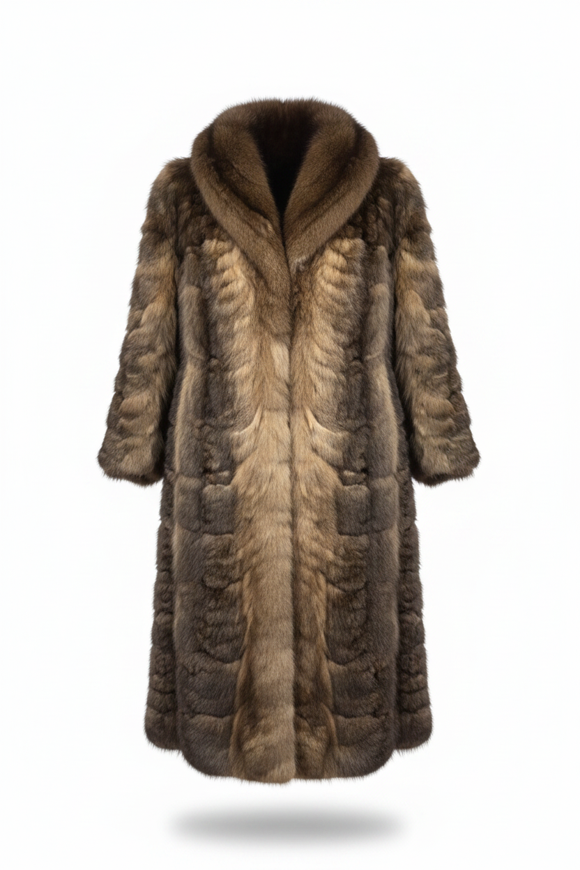 A long, plush fur coat with a wide shawl collar, shown on a plain white background with a soft drop shadow.