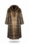 A long, plush fur coat with a wide shawl collar, shown on a plain white background with a soft drop shadow.