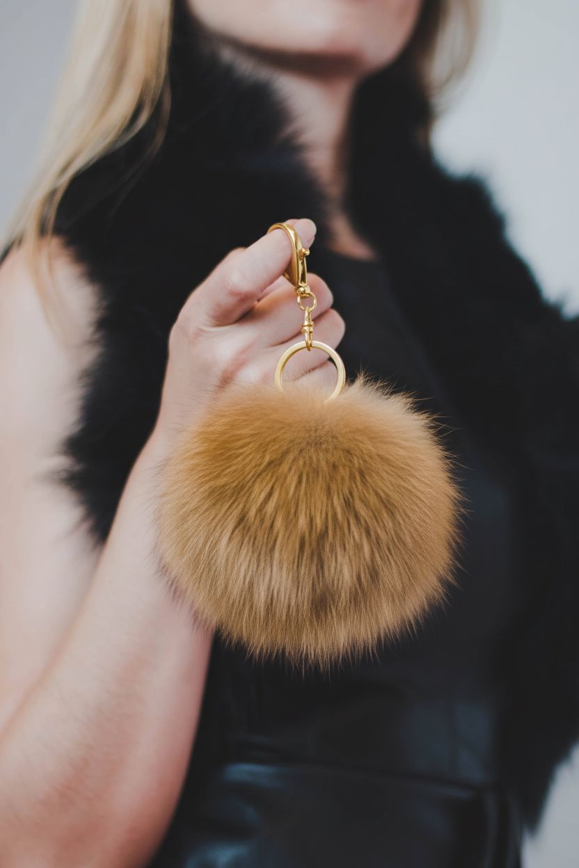 Fur Pompom Key Holder Accessories Starlight Furs Golden Brown Natural 