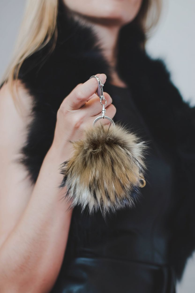 Fur Pompom Key Holder Accessories Starlight Furs Natural with Black Tips 