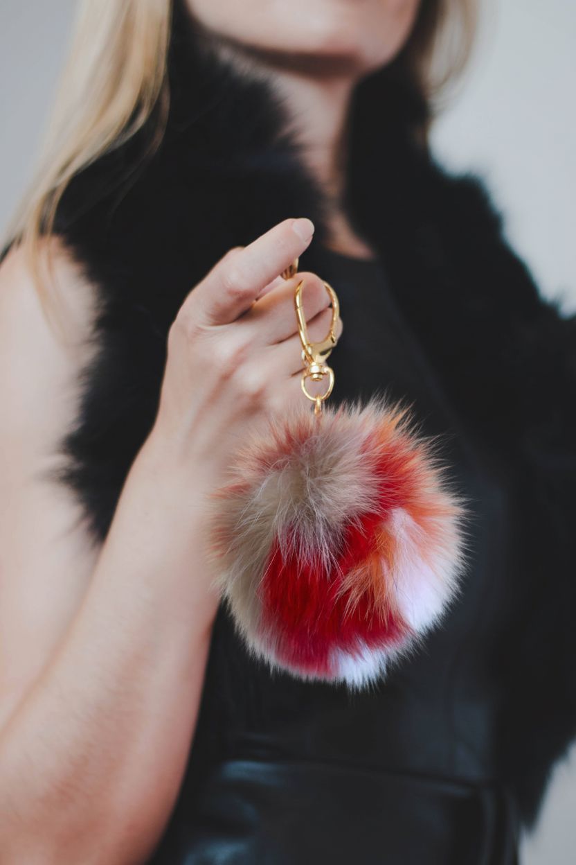 Fur Pompom Key Holder Accessories Starlight Furs Red, white and grey 