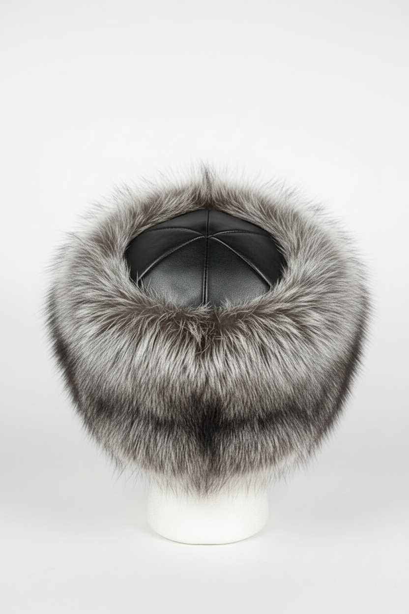 A gray and black fur-trimmed winter hat with a black leather crown, displayed on a white mannequin head against a light gray background.