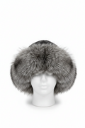 A gray and silver faux fur ushanka hat with ear flaps, displayed on a white mannequin head against a white background.