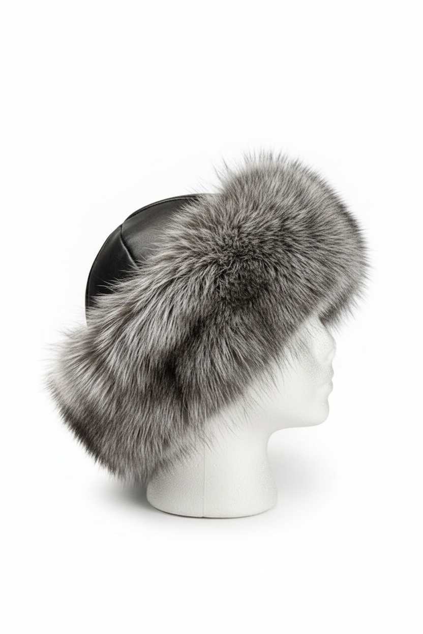 A gray and black fur-trimmed winter hat displayed on a white mannequin head against a clean white background.