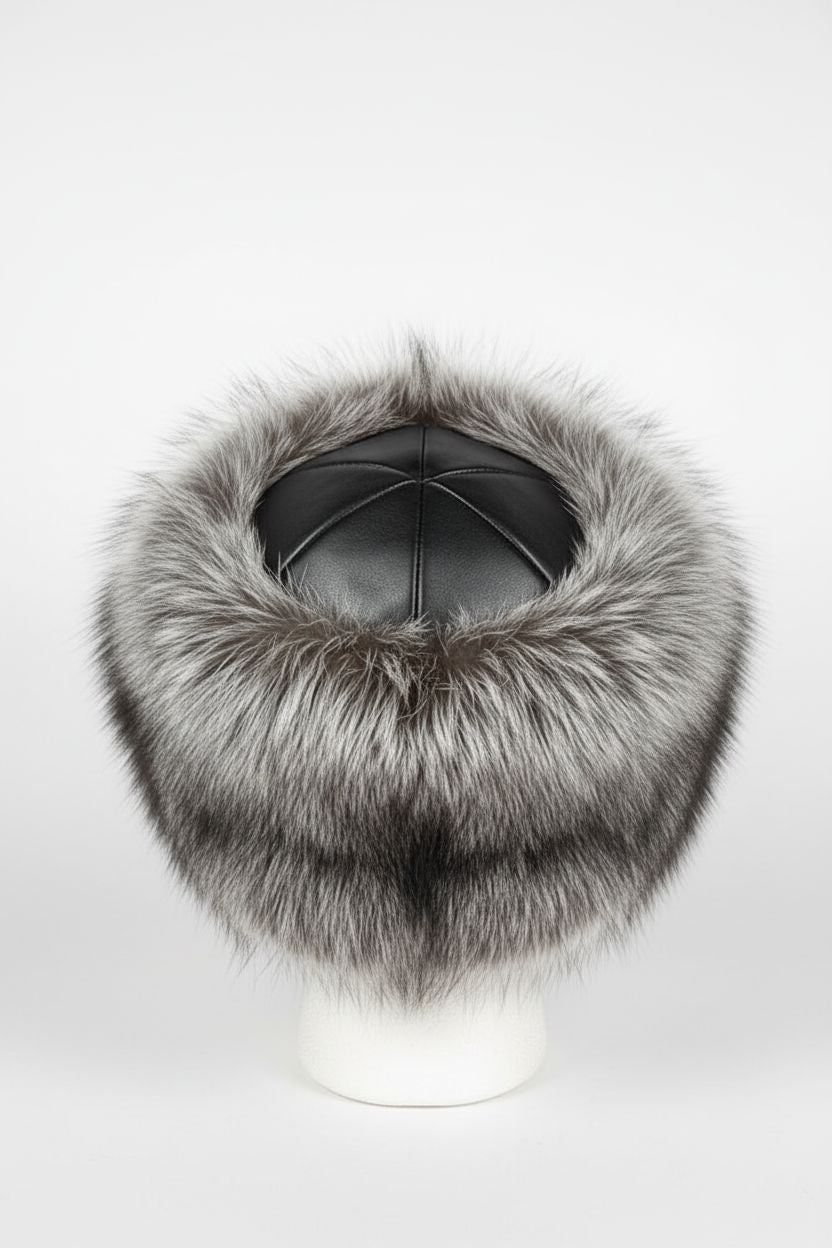 Grey Fox Russian Hat with Black Leather Cap Fur Hats Starlight Furs 