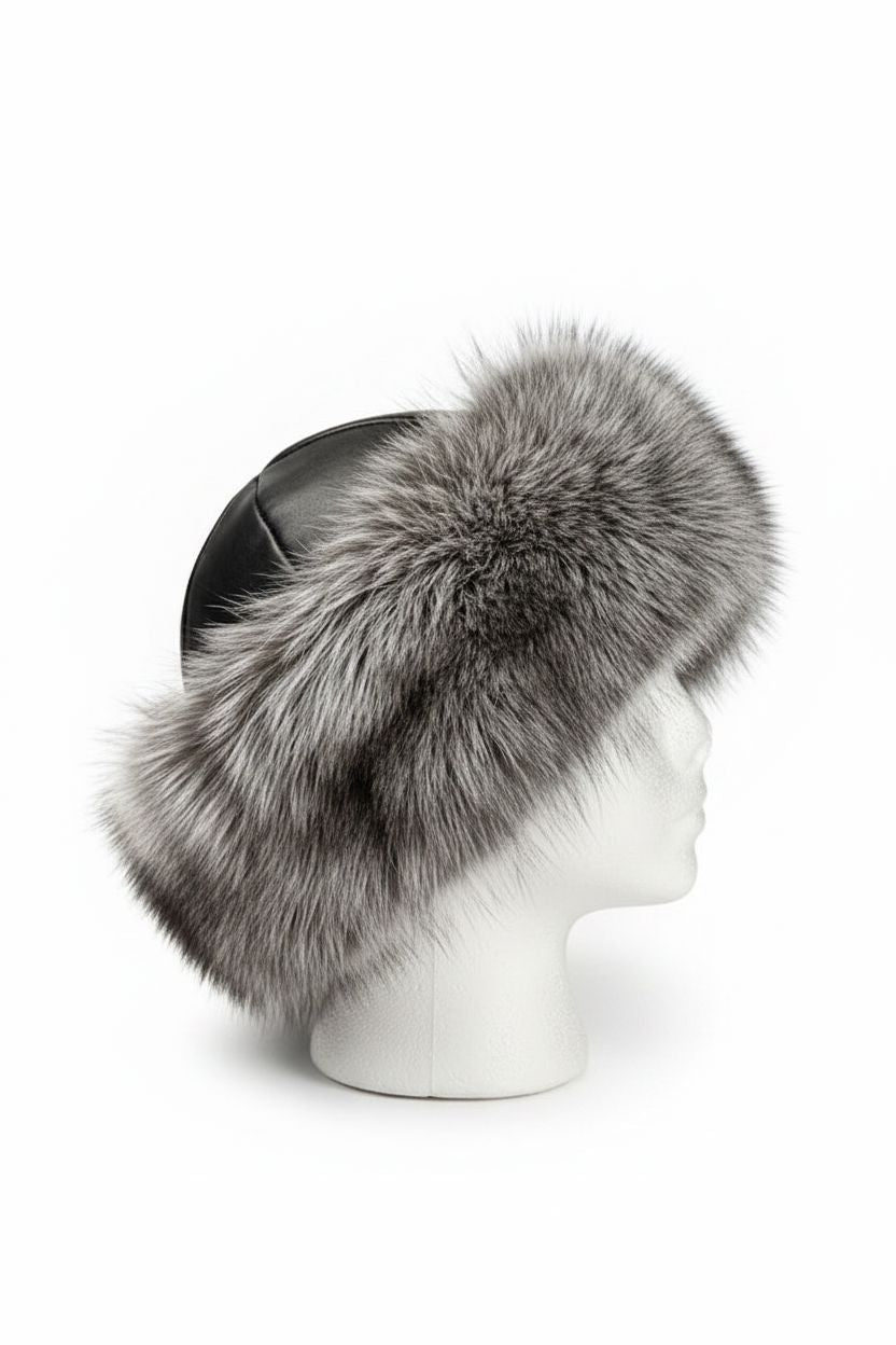 Grey Fox Russian Hat with Black Leather Cap Fur Hats Starlight Furs 