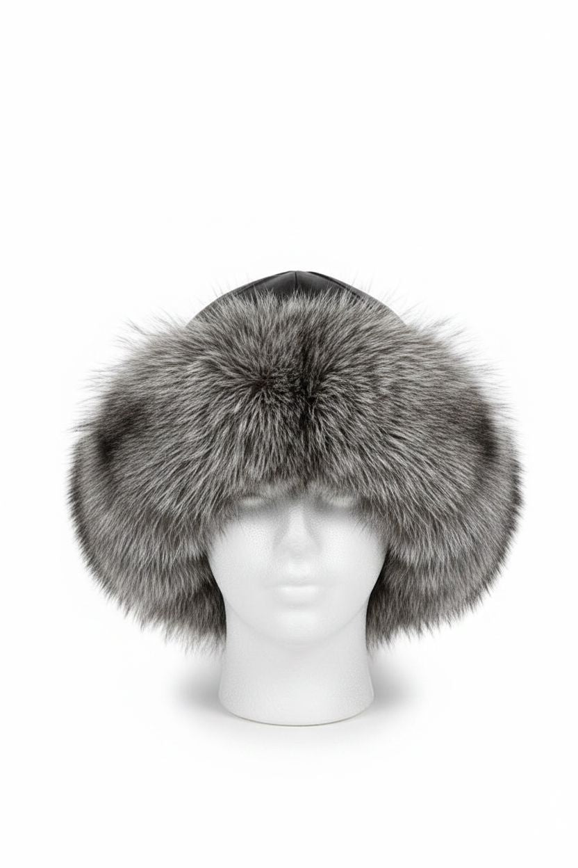 Grey Fox Russian Hat with Black Leather Cap Fur Hats Starlight Furs 