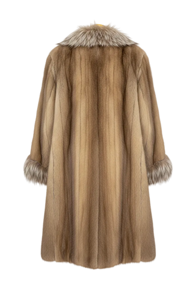 A long brown fur coat with a shawl collar and trimmed cuffs, shown from the back on a white background.