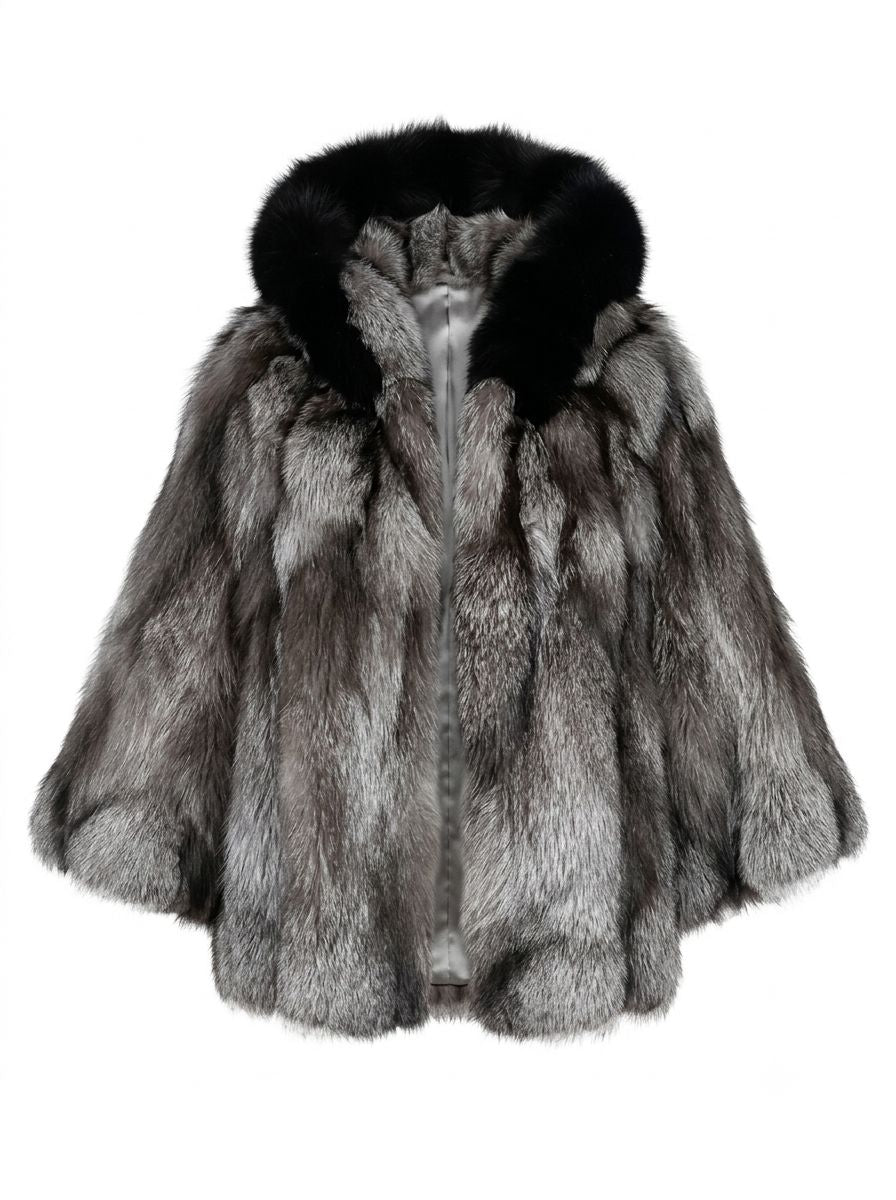 Hooded Fox Fur Cape in Black Capes Starlight Furs Silver 