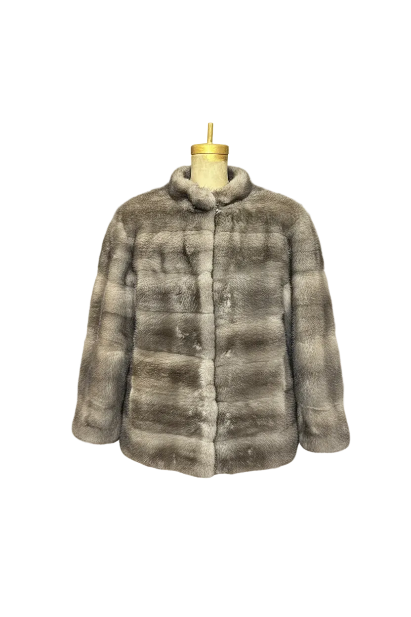A gray and brown striped fur jacket displayed on a mannequin torso against a checkered transparency background.