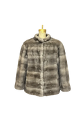 A gray and brown striped fur jacket displayed on a mannequin torso against a checkered transparency background.