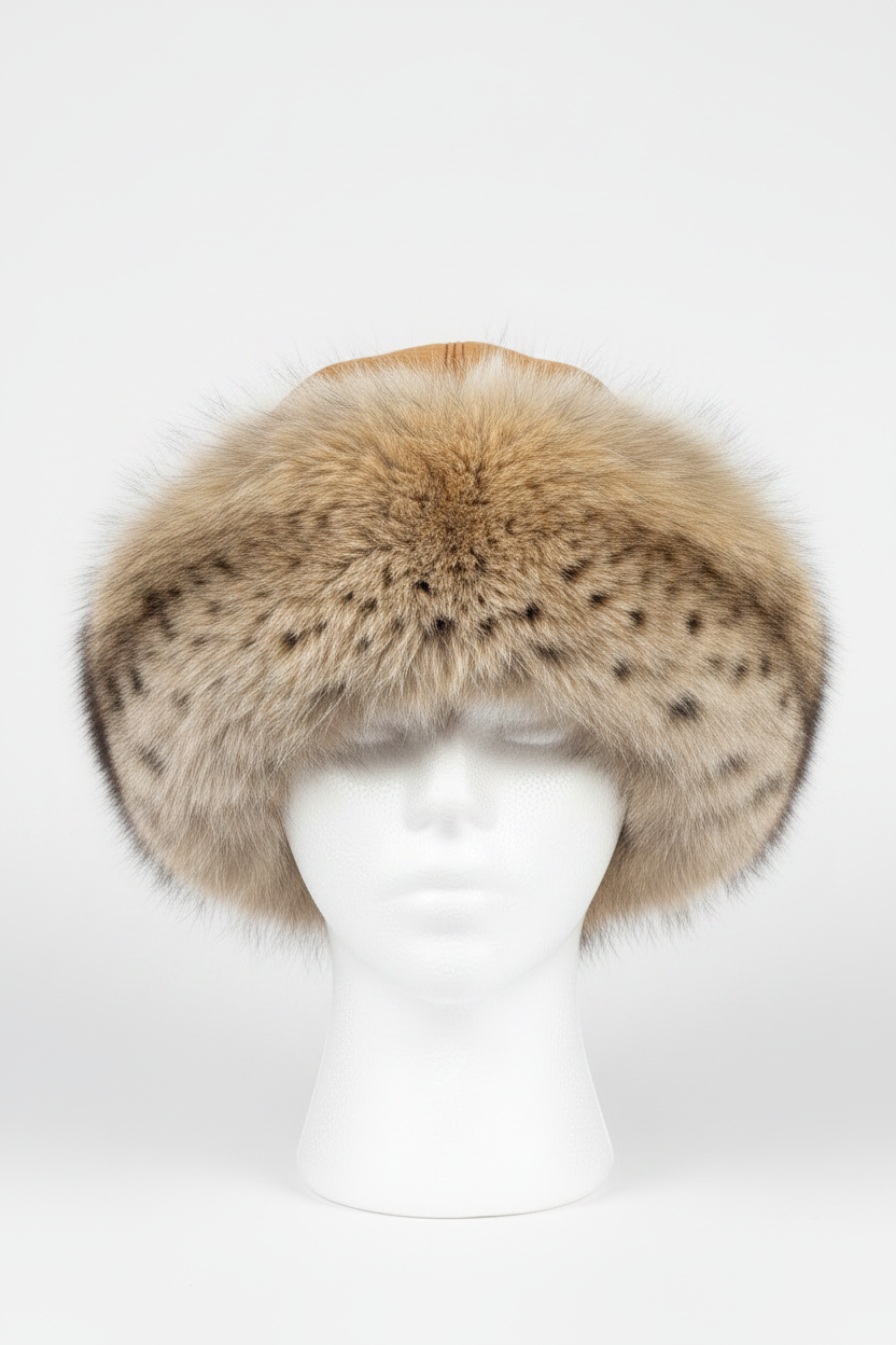 A large plush fur hat with a natural spotted pattern in beige, brown, and cream tones, displayed on a white mannequin head against a light gray studio background.