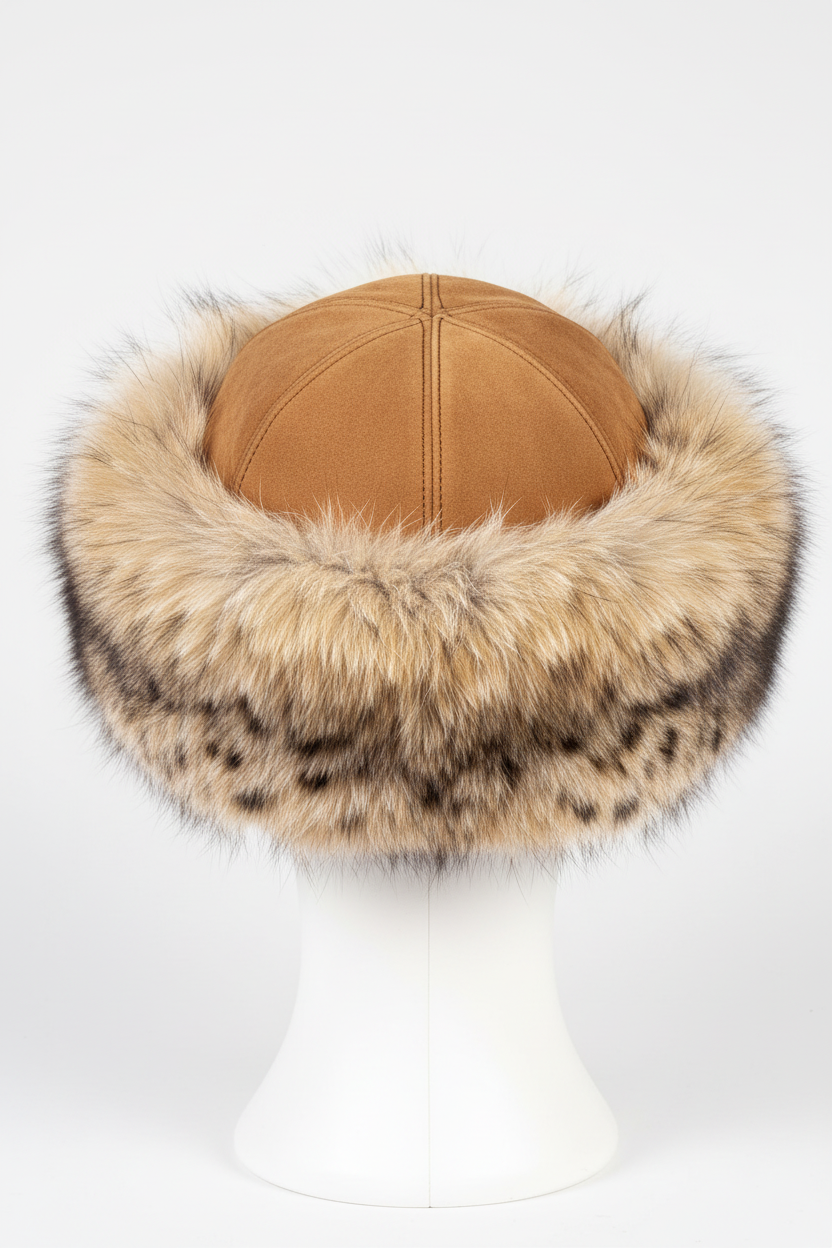 A tan leather winter hat with a large fluffy faux-fur trim, displayed on a white mannequin head against a light gray background.