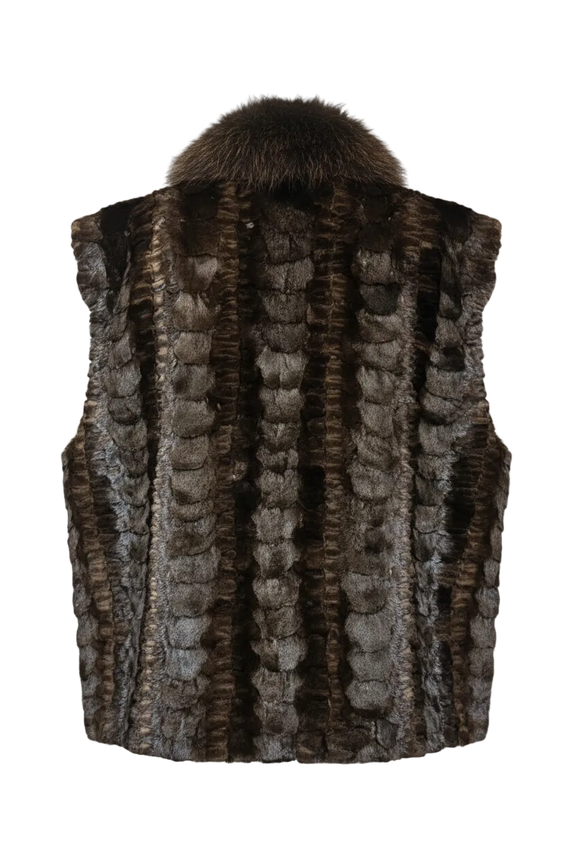 A dark brown textured faux fur vest with a matching faux fur collar, shown from the back on a checkered gray and white background.