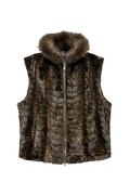 A brown faux fur vest with a high fluffy collar and a front zipper, shown on a transparent checkered background.