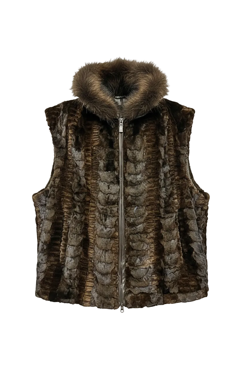 A brown faux fur vest with a high fluffy collar and a front zipper, shown on a transparent checkered background.