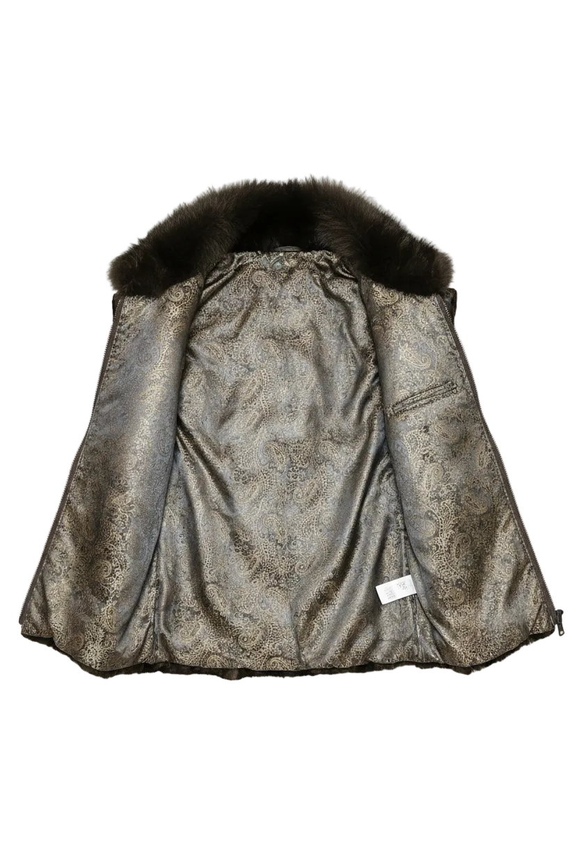 A women's open-front jacket with a metallic gold and brown brocade patterned lining and a dark brown faux-fur collar, shown against a checkered transparency background.