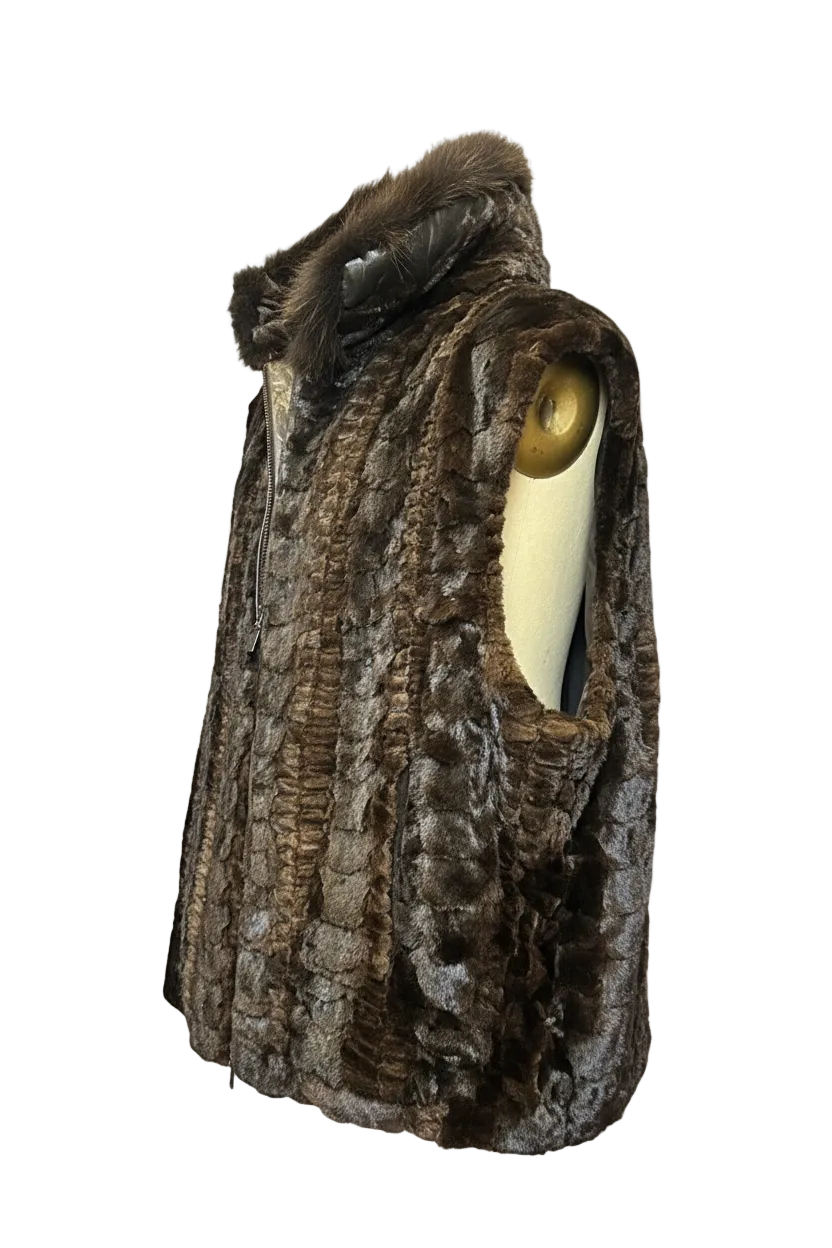 A brown fur vest with a plush faux-fur collar, displayed on a cream-colored mannequin torso against a checkered transparency background.