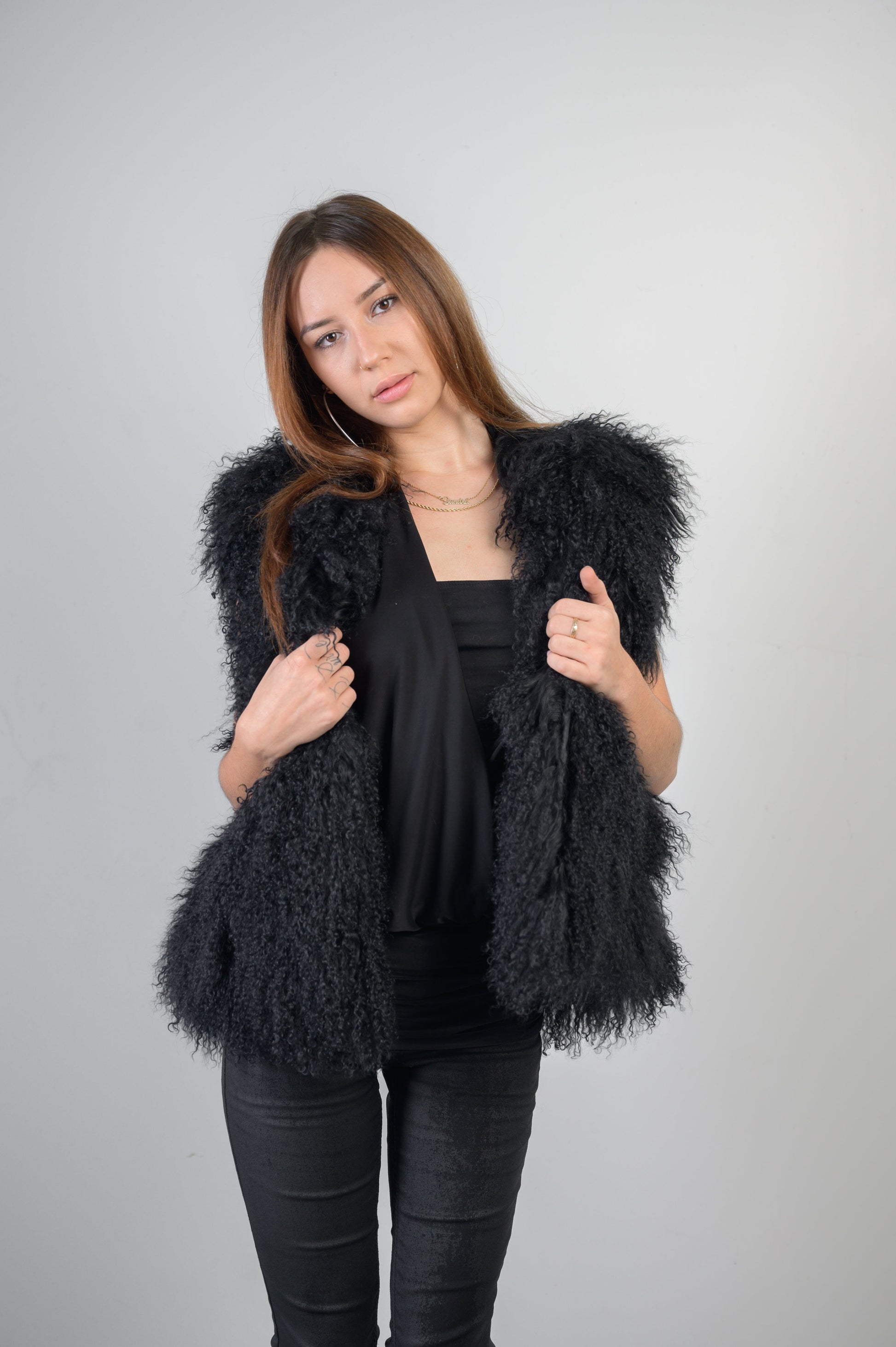 Mongolian Fur Black Vest Vests Starlight Furs 