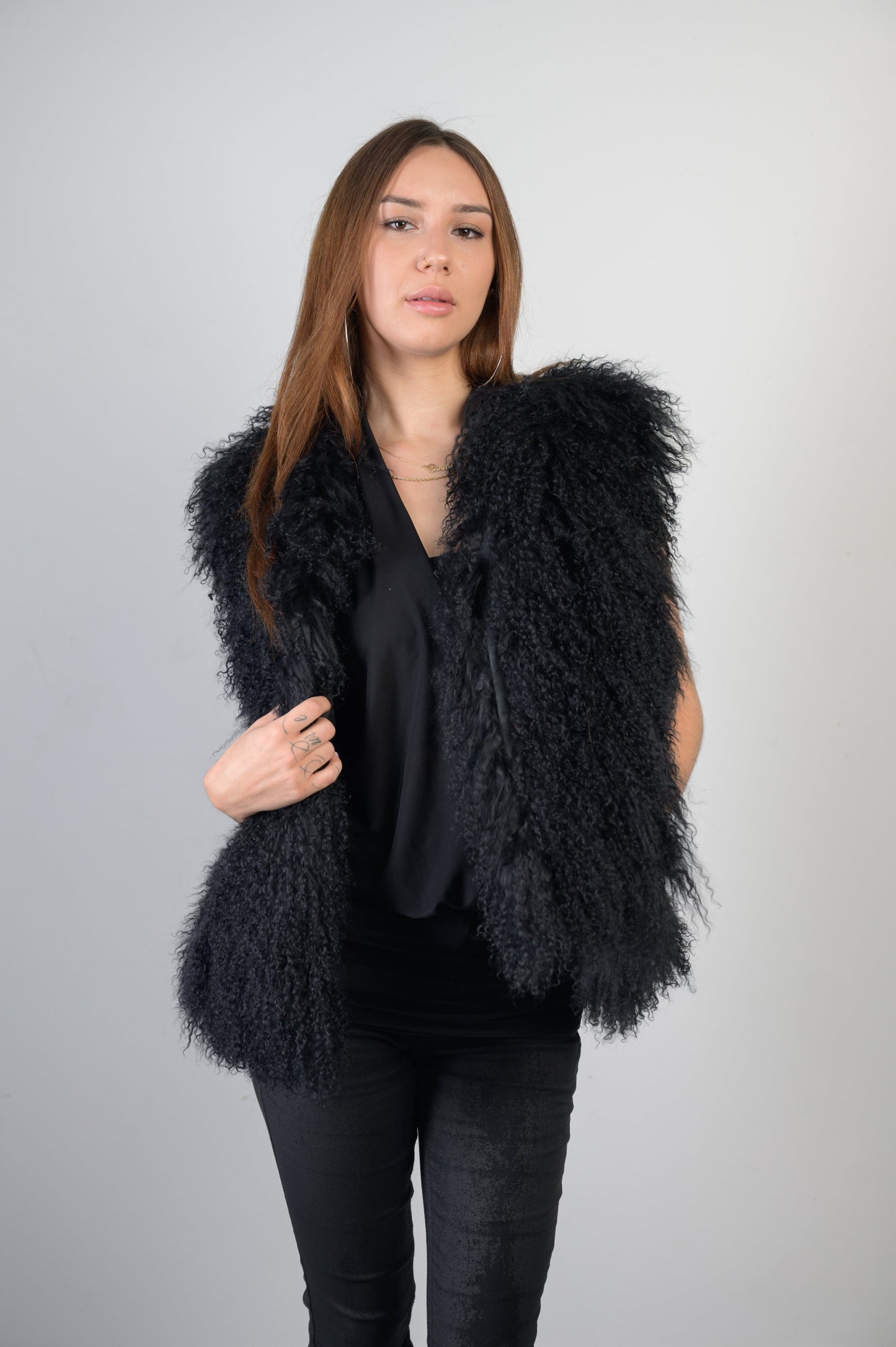 Mongolian Fur Black Vest Vests Starlight Furs 