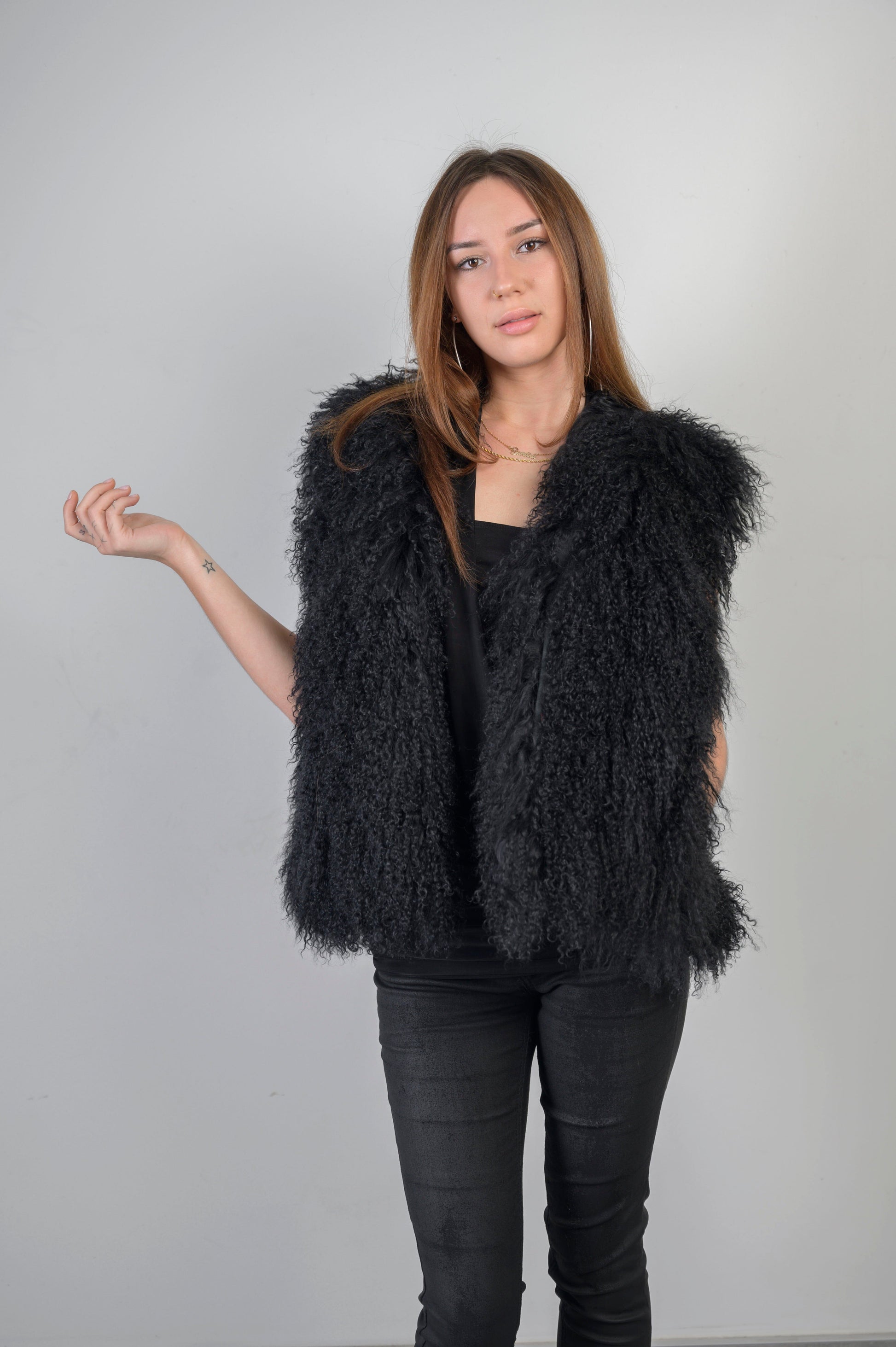Mongolian Fur Black Vest Vests Starlight Furs 