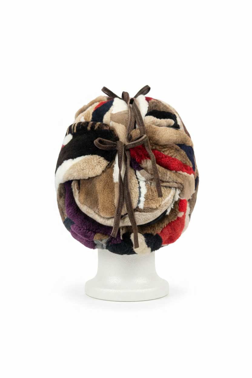 A multicolor patchwork faux fur drawstring bag displayed on a white mannequin stand against a white background.