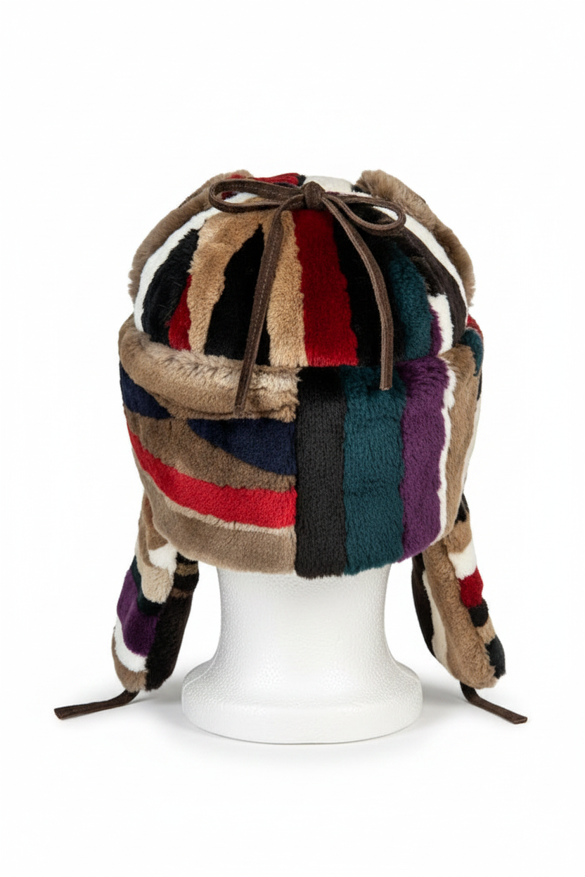 A multi-colored patchwork fur trapper hat with ear flaps and a brown drawstring closure, displayed on a white mannequin head against a white background.