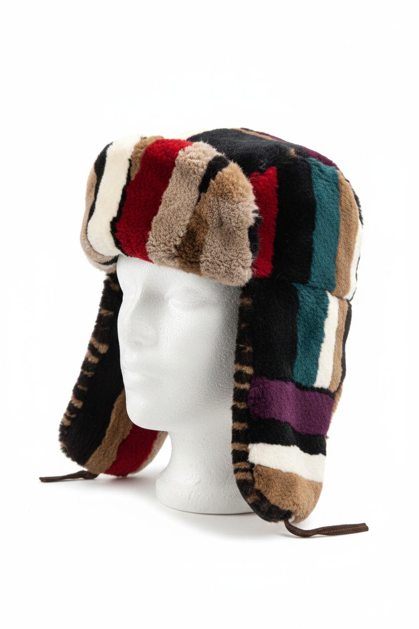 A multicolor patchwork faux fur and shearling trapper hat with ear flaps, displayed on a white mannequin head against a white background.