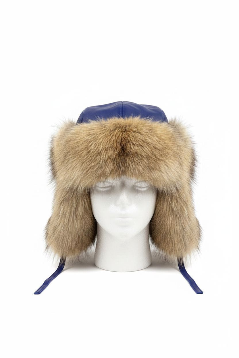 Natural Fox Fur Trapper Hat – Royal Blue Leather Crown Hat Starlight Furs 