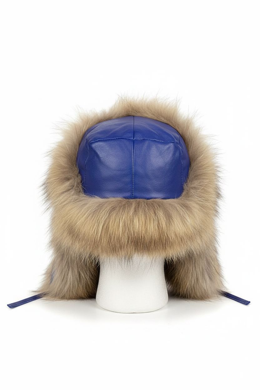 Natural Fox Fur Trapper Hat – Royal Blue Leather Crown Hat Starlight Furs 